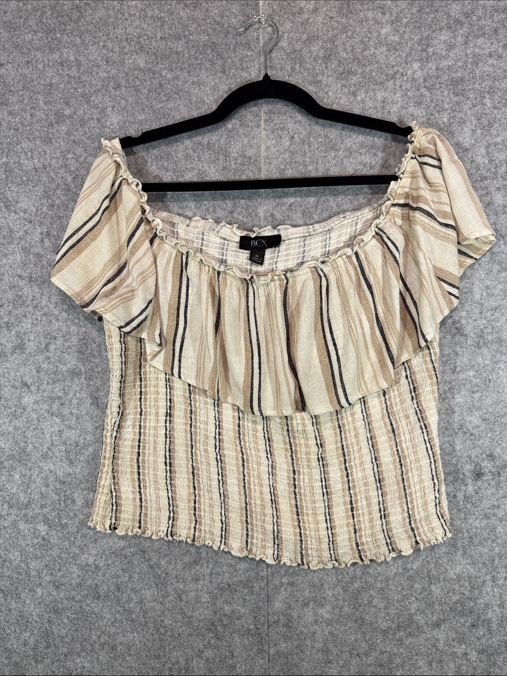 BCX Crop Top - Womens XL - Cream Stripe Off the Shoulder Ruffle Bohemian Cottage